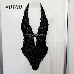 💟Black floral lace bodysuit>>> teddy halter lingerie *Small (estimated)